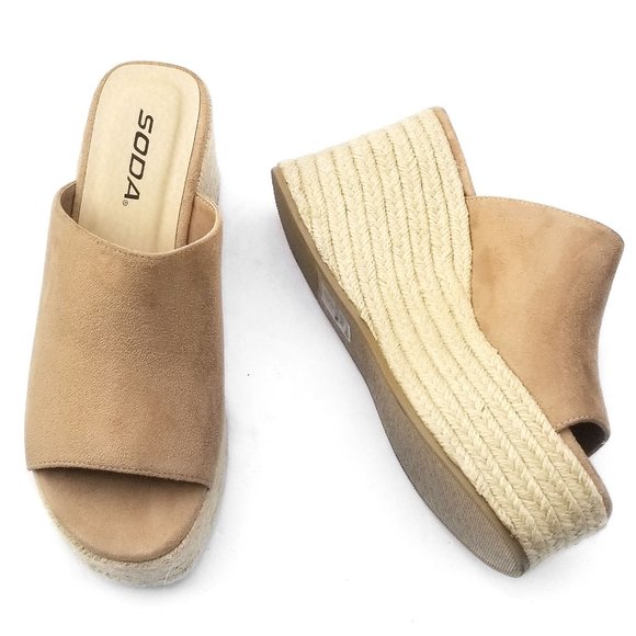 New Wheat Beige Slip on Espadrille Platform Wedge Slides Sandals - Picture 4 of 4